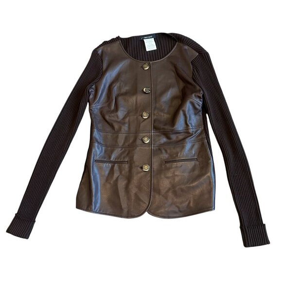 Karen Kane Lamb Leather Merino Wool Button Down Jacket Sweater Knit Size Medium - Picture 1 of 9